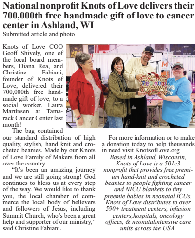 Knit and Crochet For charity leader Knots of Love gives Glory to God and delivers their 700,000th free handmade gift of love