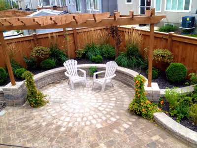 the custom pergola design on a patio in a Winnipeg residential landscape by Inspired landscaping