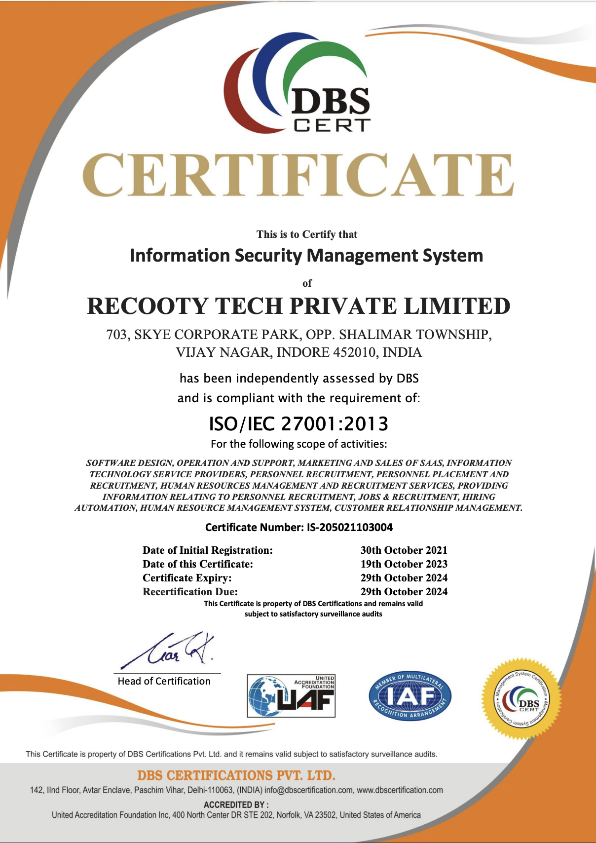 Recooty's ISO Certificate