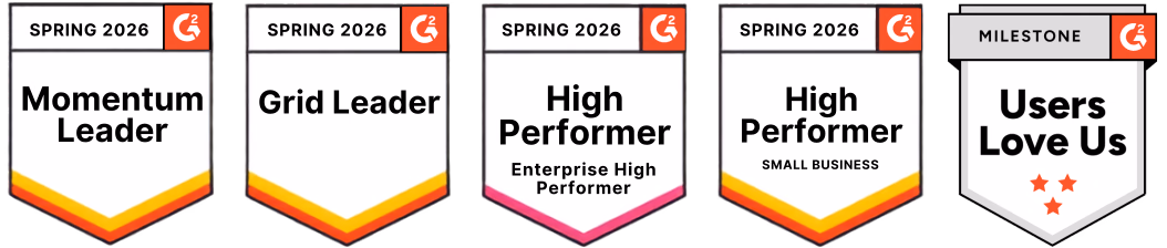 Five award badges labeled Spring 2025 and Milestone with titles: Grid Leader, High Performer Small Business, High Performer Asia Pacific, Momentum Leader, and Users Love Us with red stars.