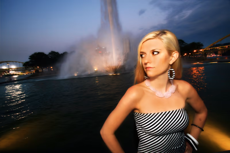 Pittsburgh-based female rapper Kellee Maize poses for an album promo in front of The Point in downtown Pittsburgh