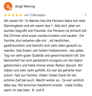 Bewertungen auf Google: 5,0 Sterne, Gäste loben Lage Zimmer und Frühstück“