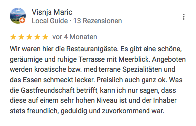 Google-Bewertung 4,9 von 5 Sternen für Pension Mate, basierend auf 13  Rezensionen
