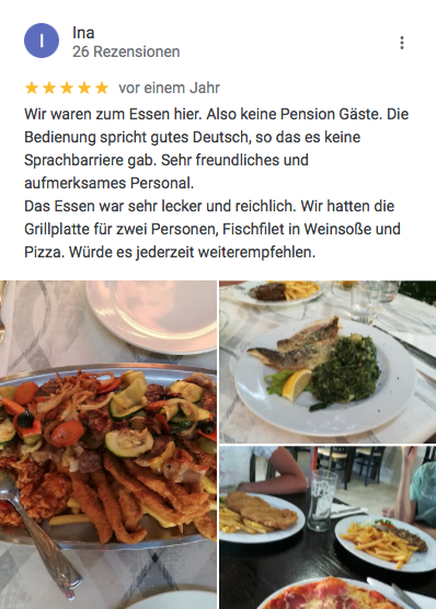 Gästebewertungen der Pension Mate bei Google mit fünf Sternen