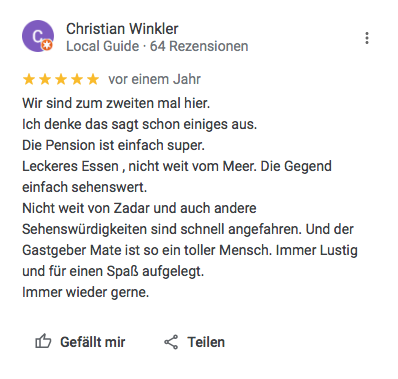 Gästebewertungen der Pension Mate bei Google mit fünf Sternen