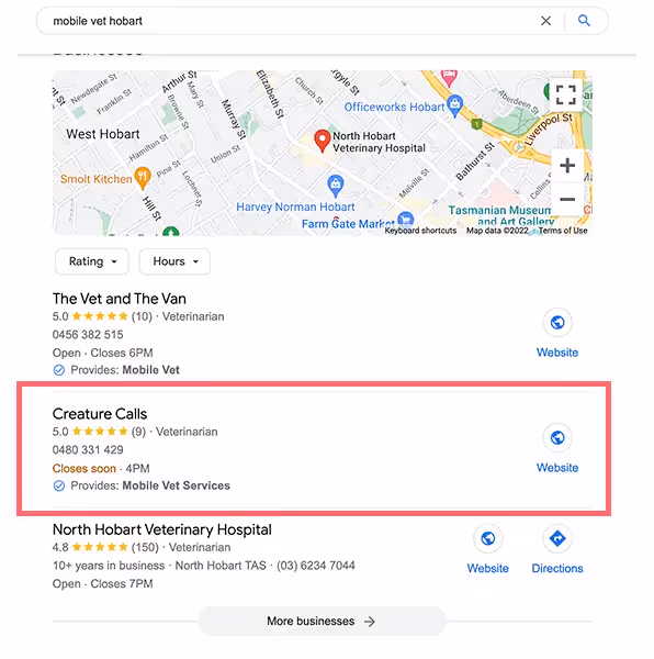 google view of search mobile vet hobart