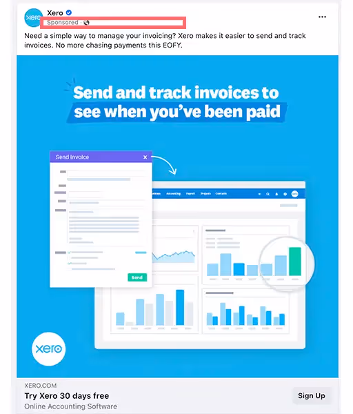 screenshot of xero paid ad in blue that says 'send and track invoices to see when you've been paid'.