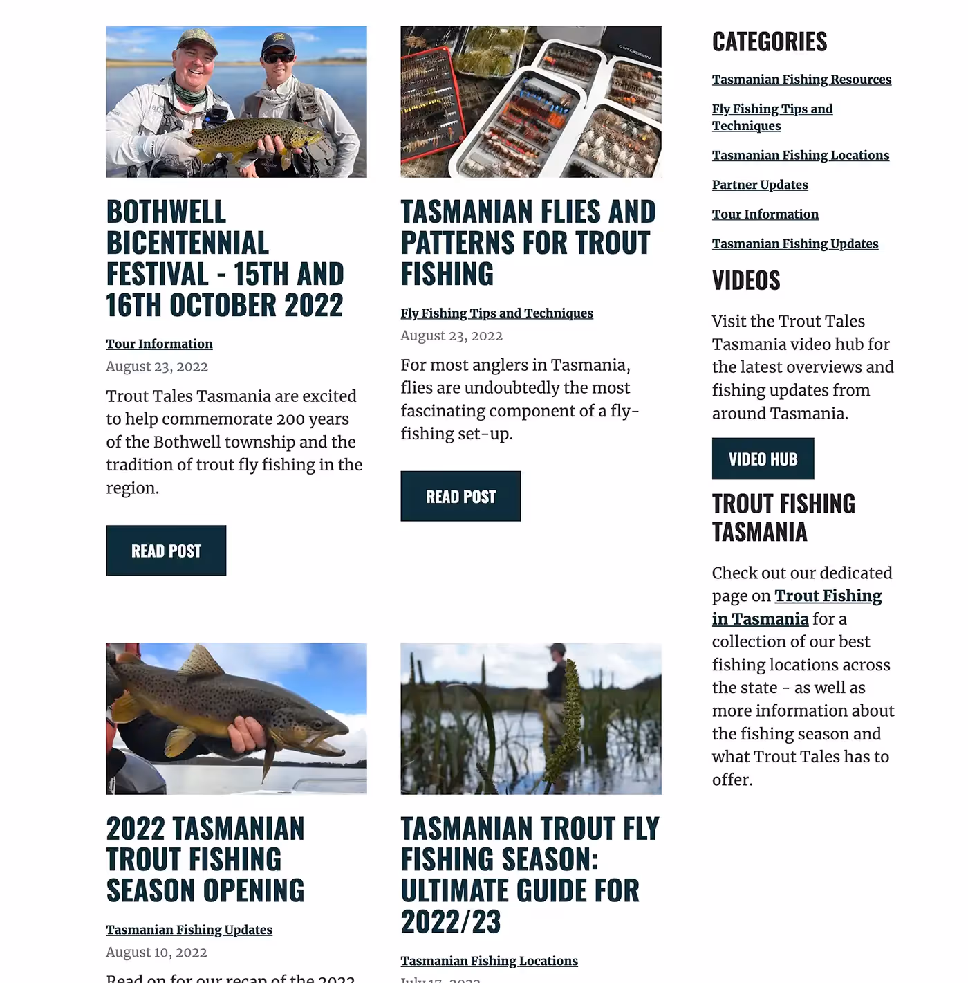 screenshot of trout tales tasmania blog page