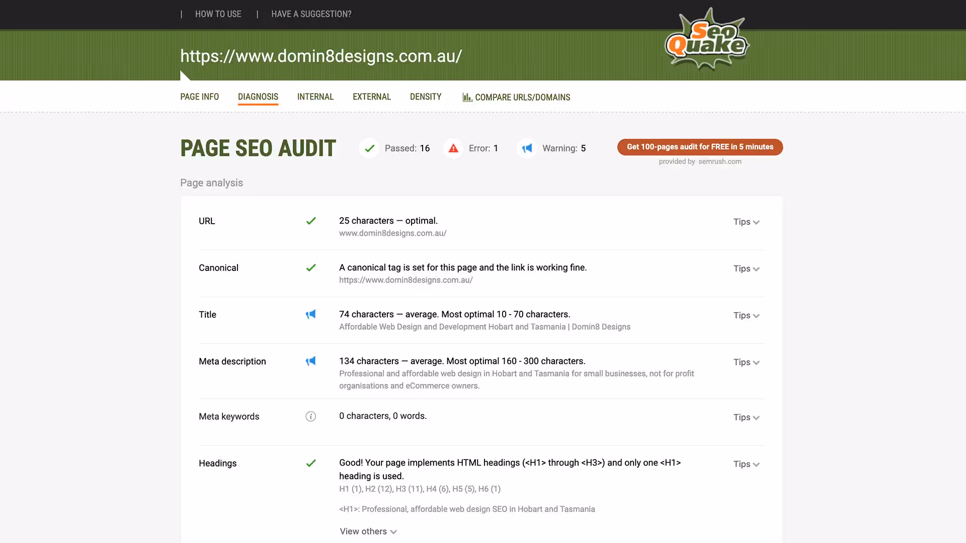 SEO Quake screen grab showing appropriate meta title and description