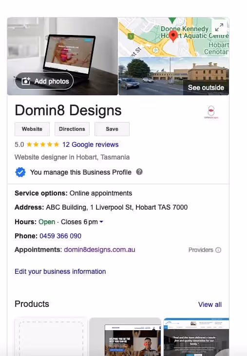 view of domin8 designs google business profile showing image of laptop and map servicing hobart area
