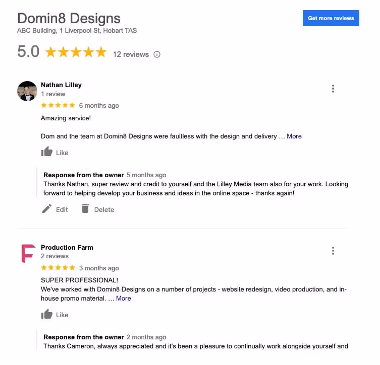 image showing five star reviews for domin8 designs busienss