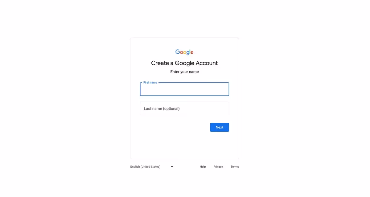 screenshot of google account creation