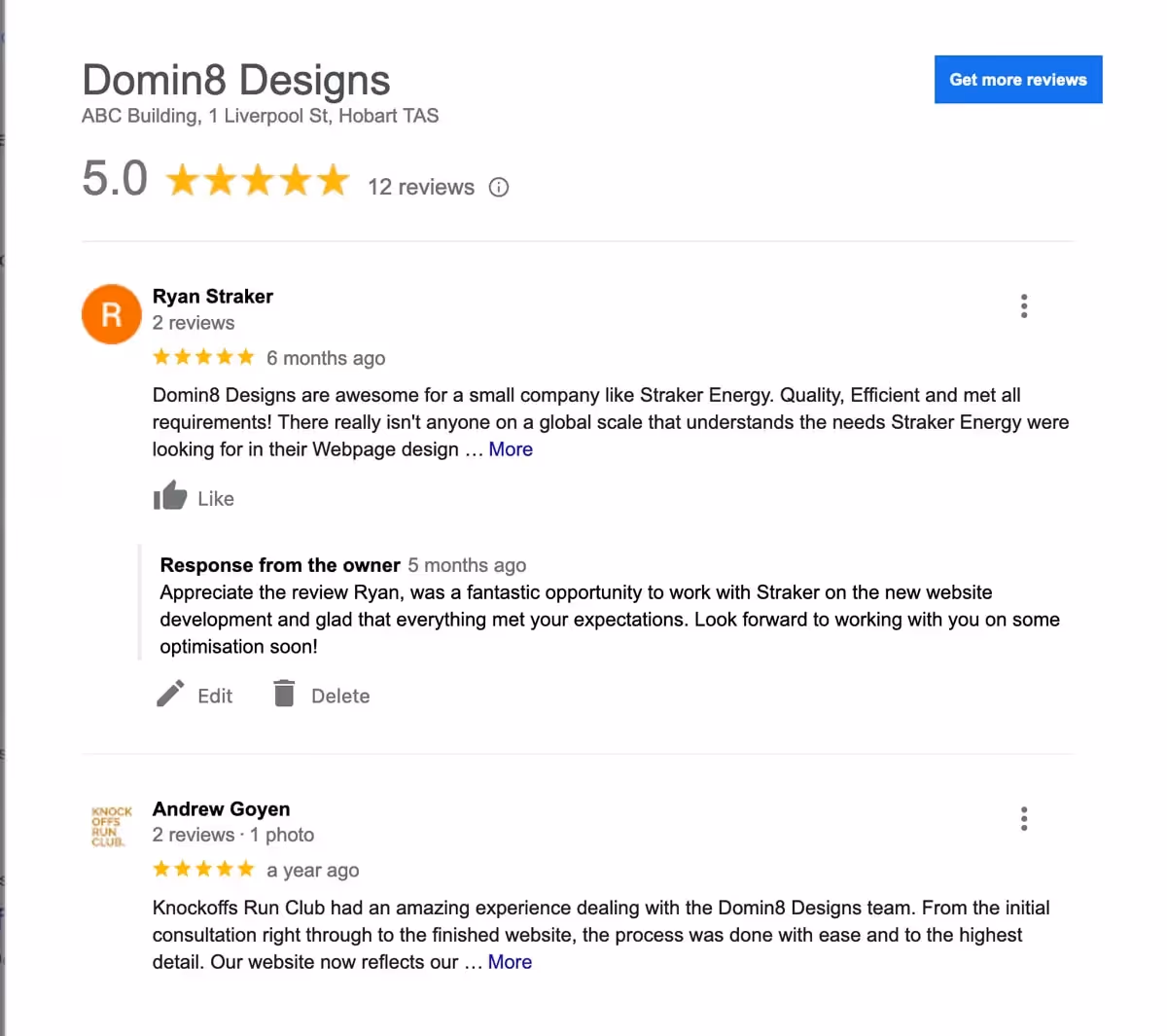 screenshot showing reviews for Domin8 Designs web design hobart