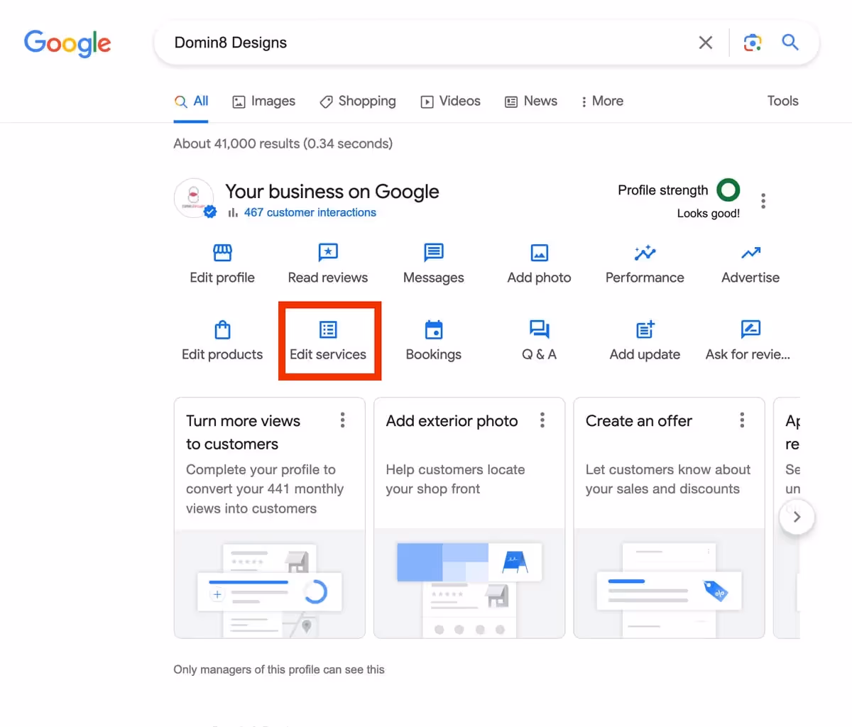 screenshot of editing google business profile with red box highlighting edit services button and icon