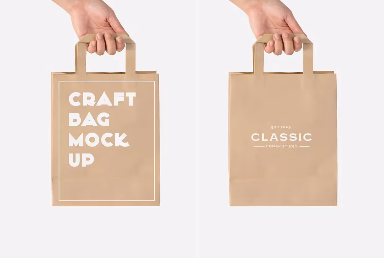 mockup example of hand holding brown paper bag