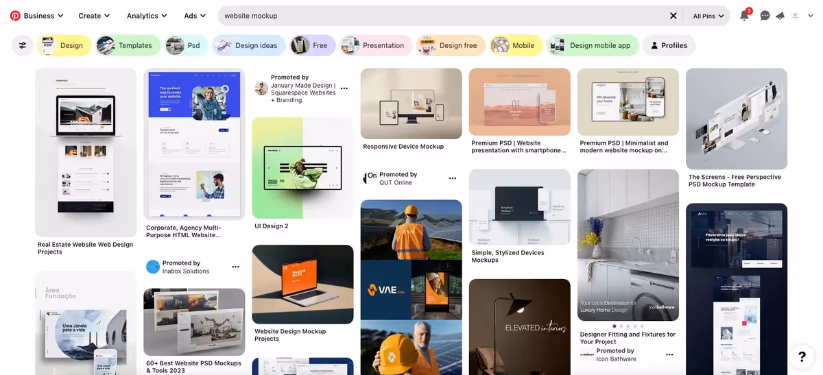 screenshot of pinterest search for website mockup