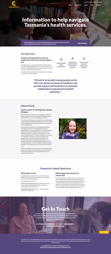 screenshot of one page care advice 2 u website