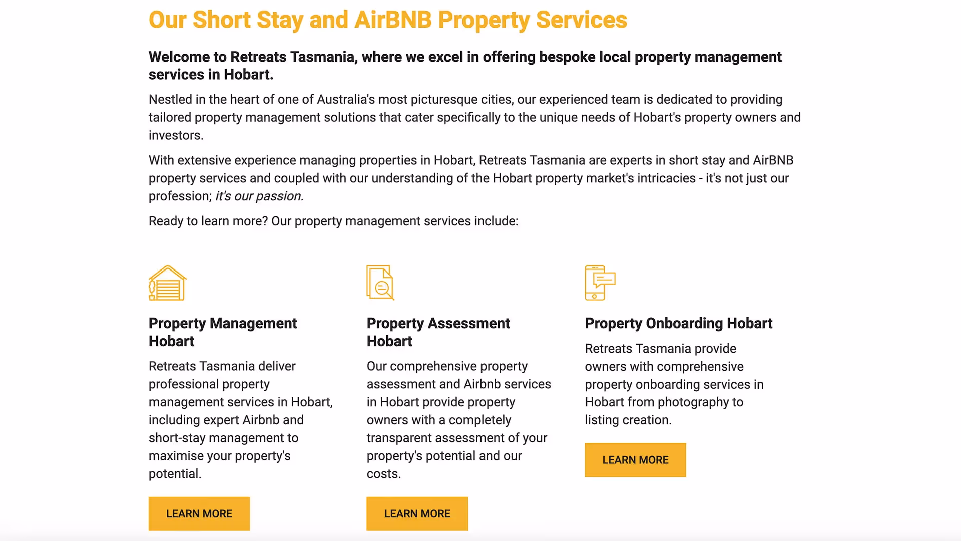 screenshot of retreats tasmania services page