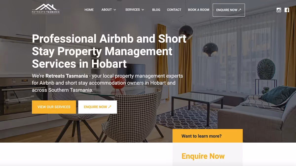 screenshot of the retreats tasmania homepage