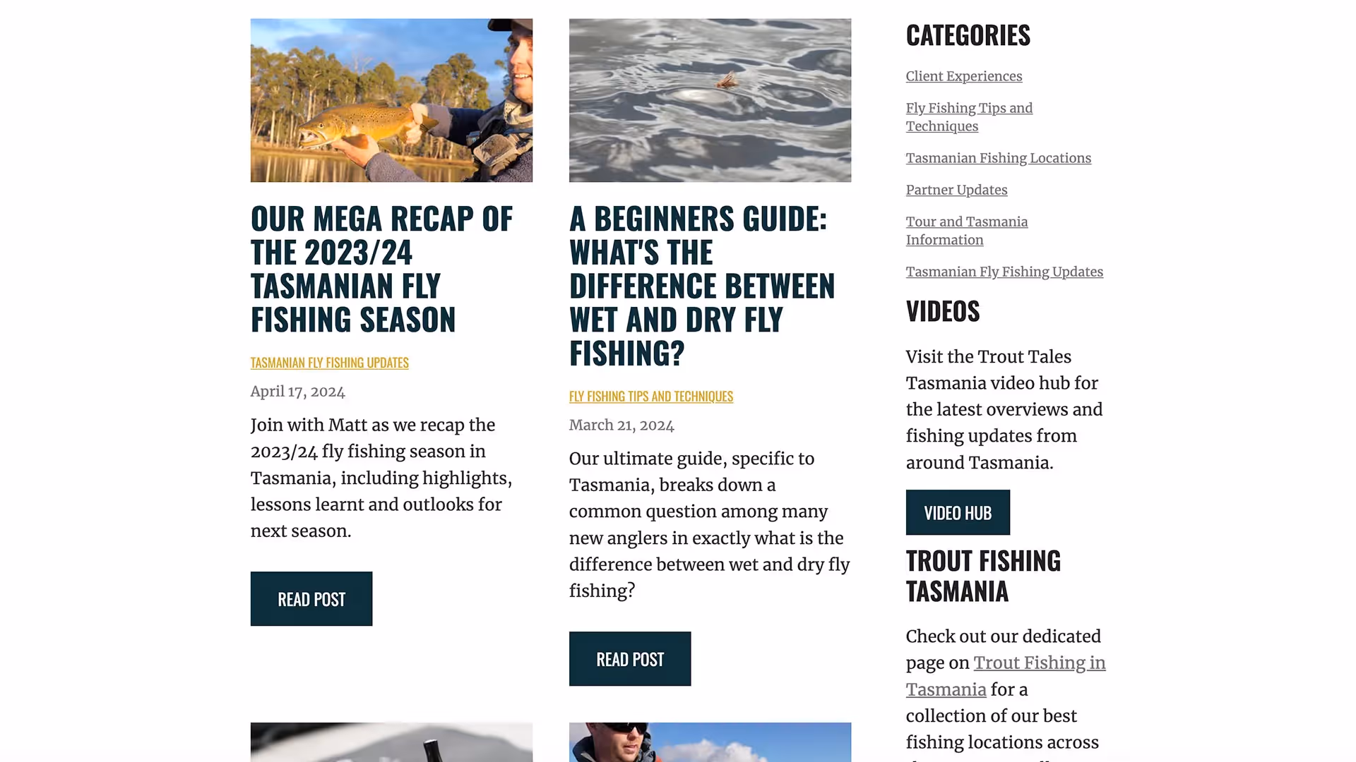 screenshot of the trout tales tasmania blog post, showing a variety of posts can categories