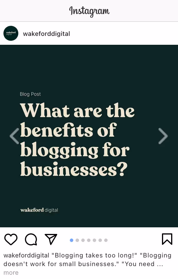 screenshot of instagram post from wakeford digital about blogging benefits