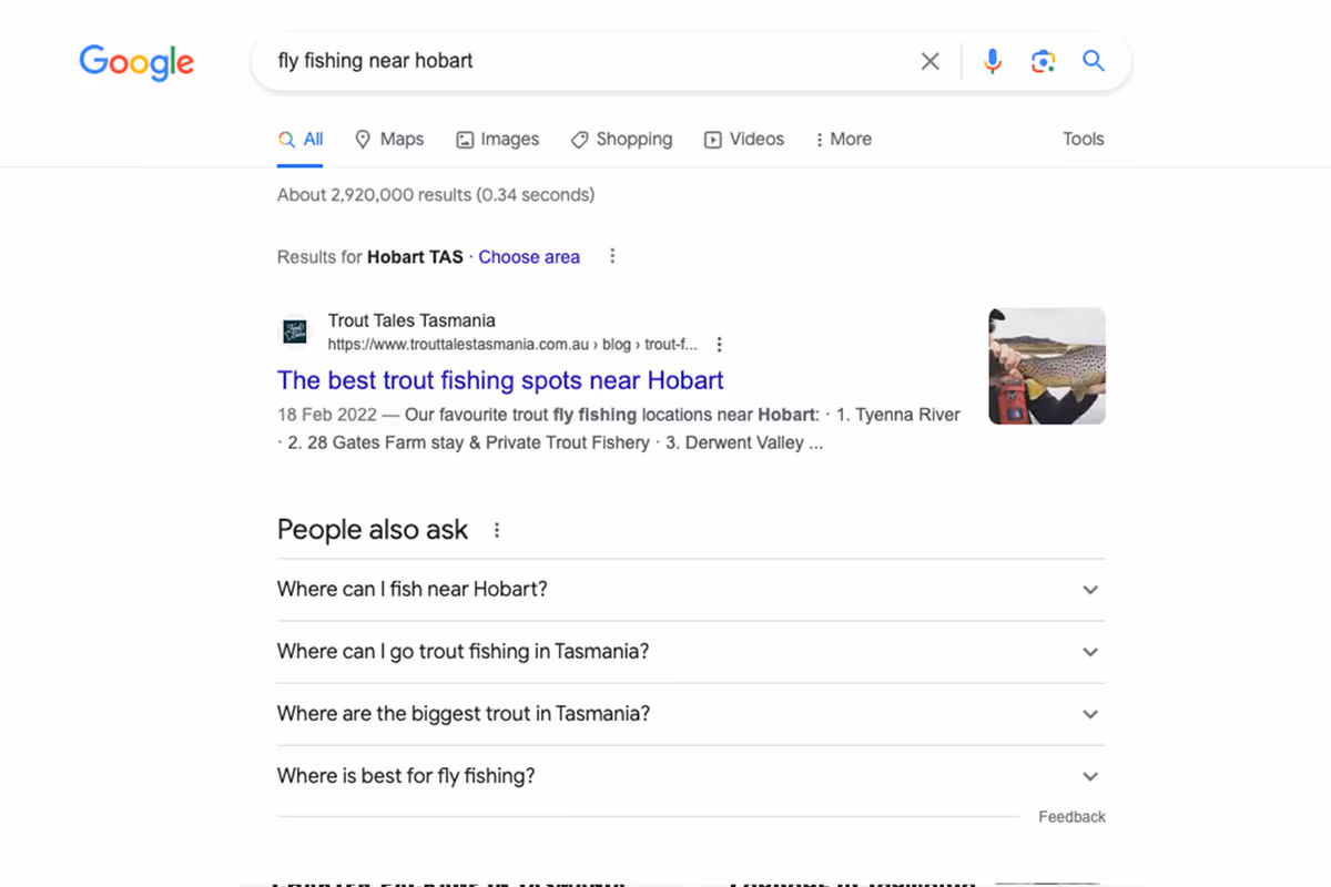 screenshot of google search for fly fishing hobart showing trout tales number one