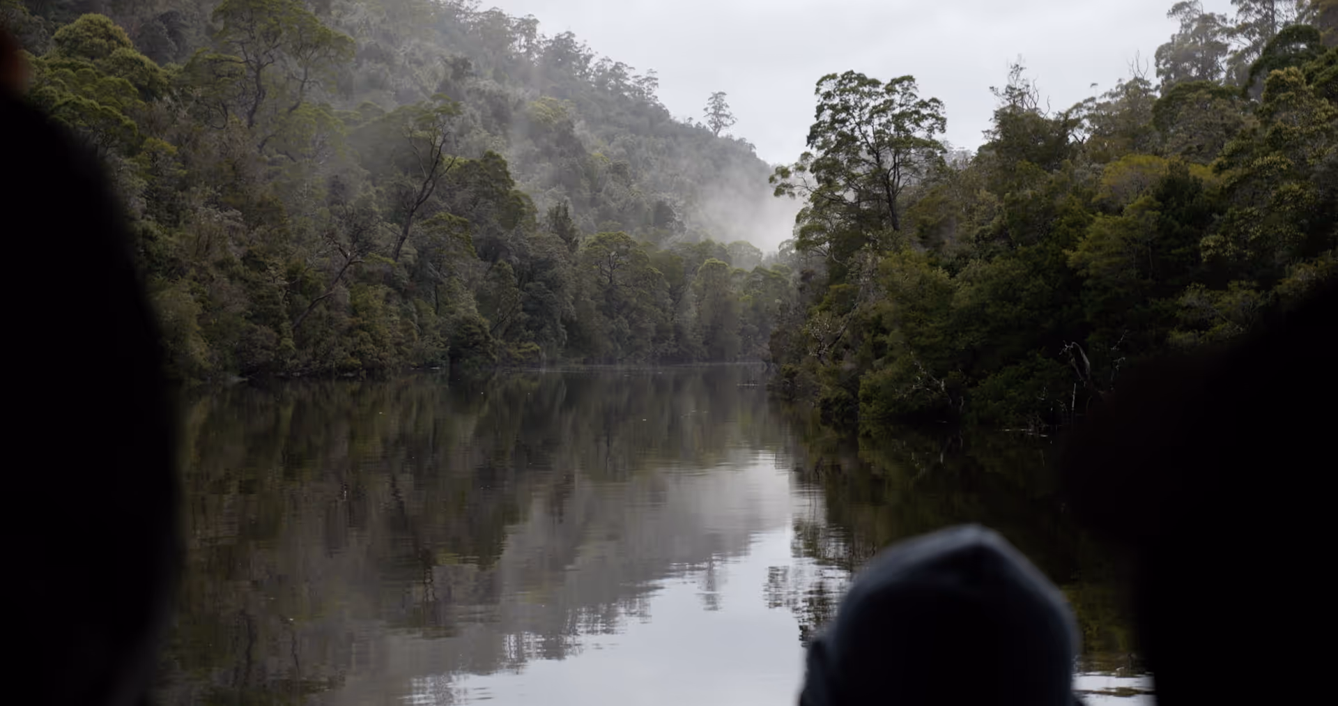fog surrounded green rainforest with river in foreground