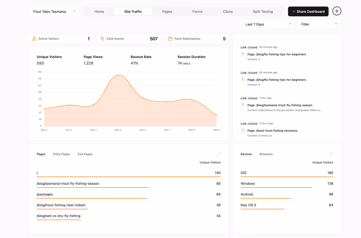 Screenshot of analytics area of Humblytics