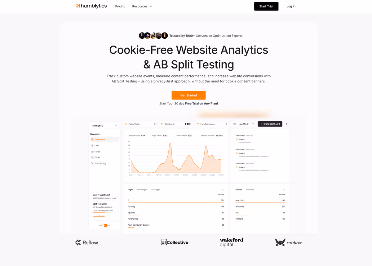 screenshot of humblytics homepage