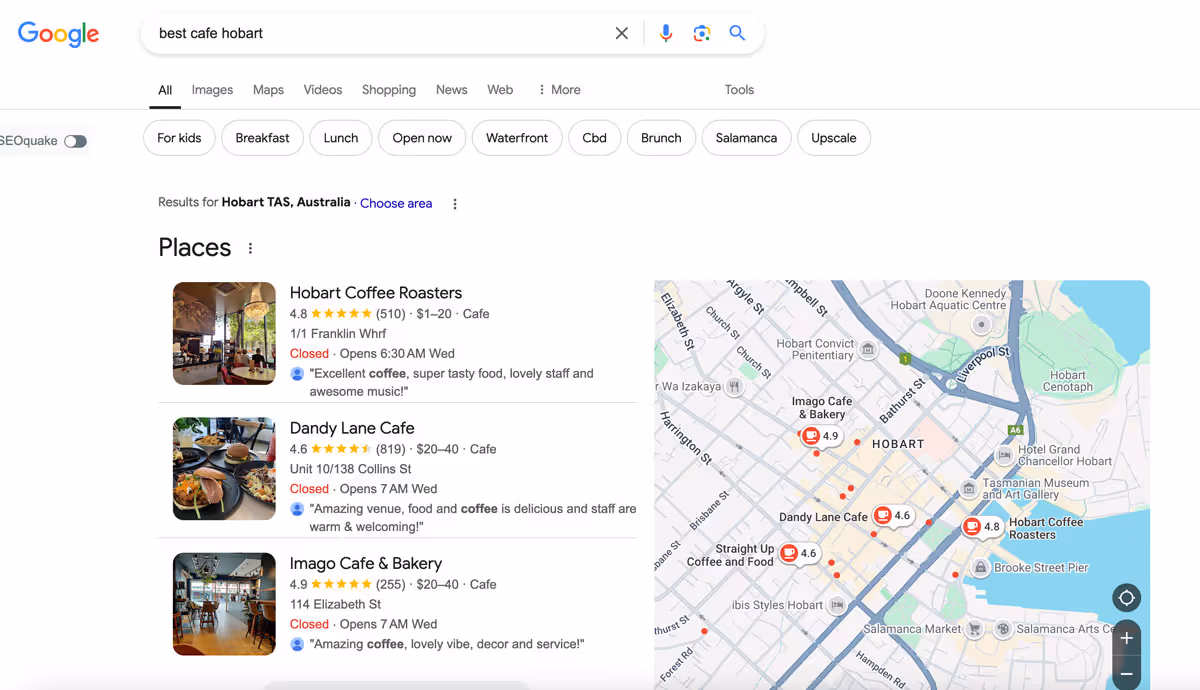 screenshot of google search for best cafe hobart showing local results
