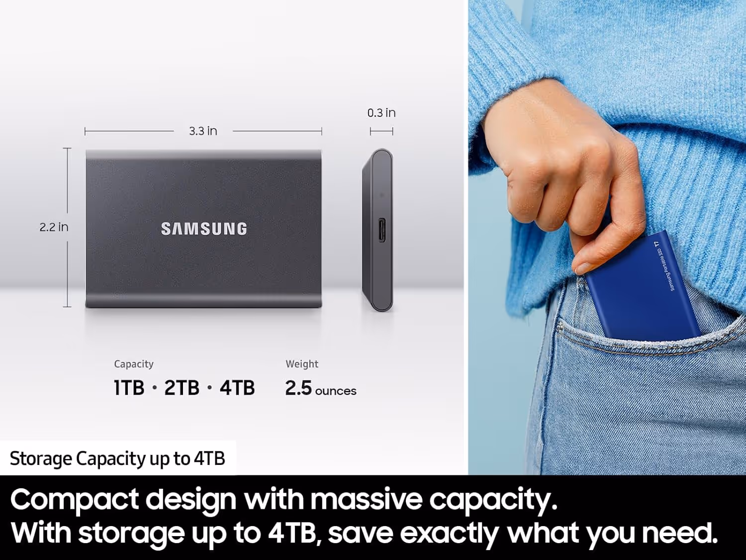 sumsung ssd t7 graphic showing dimensions and someone putting into their pocket