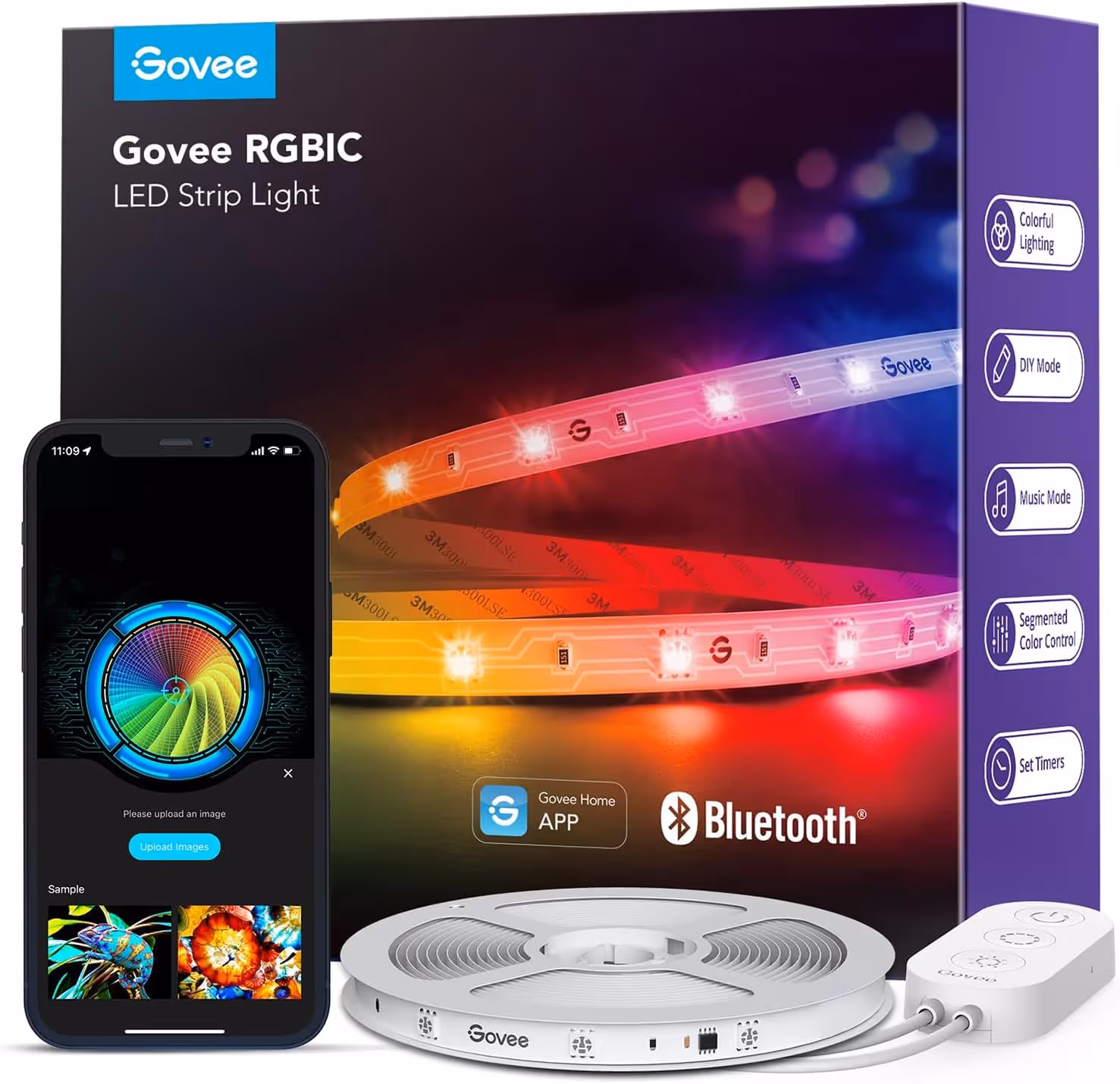 bright box containing strip lighting and iphone showing app