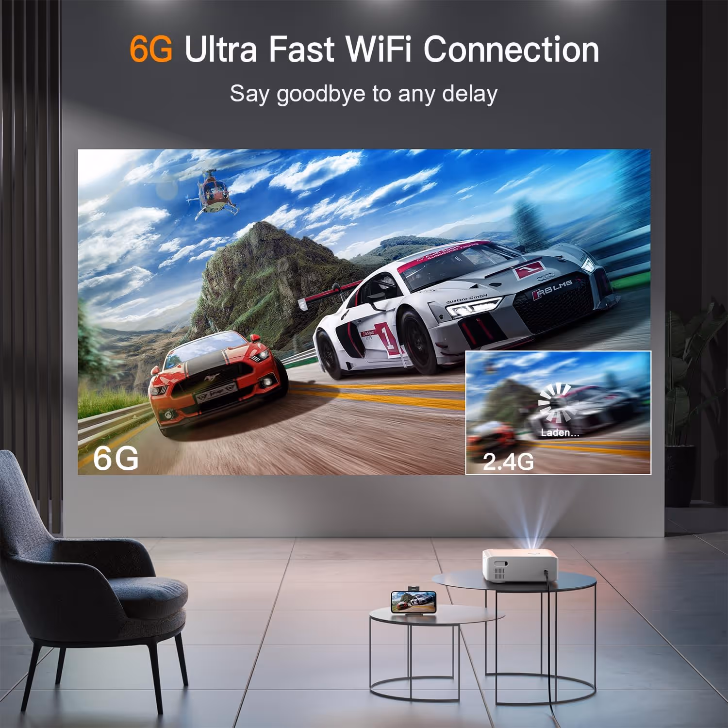 projector showing on wall with two fast cars and helicopter