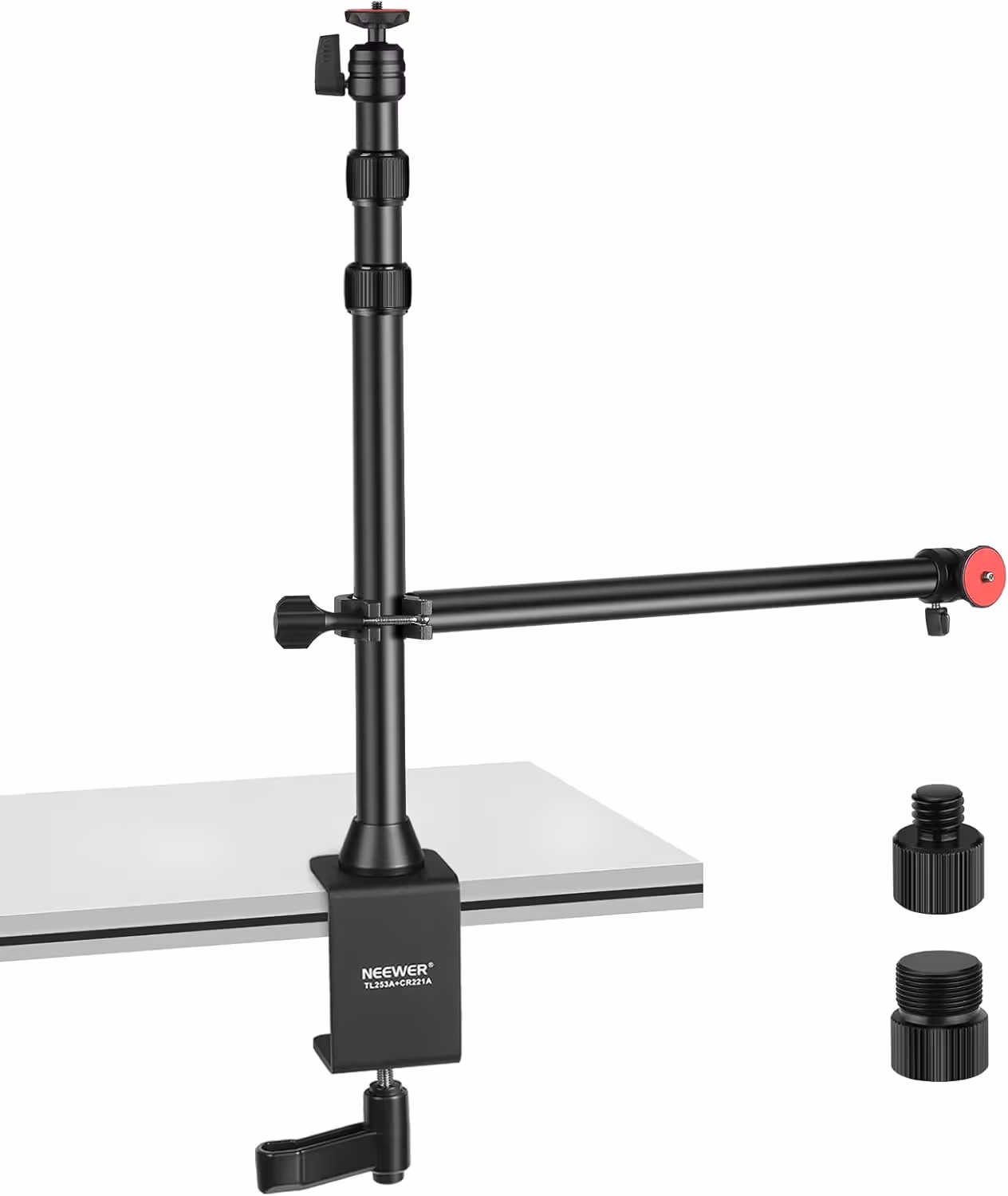 neewer camera desk mount on white background with arms extended