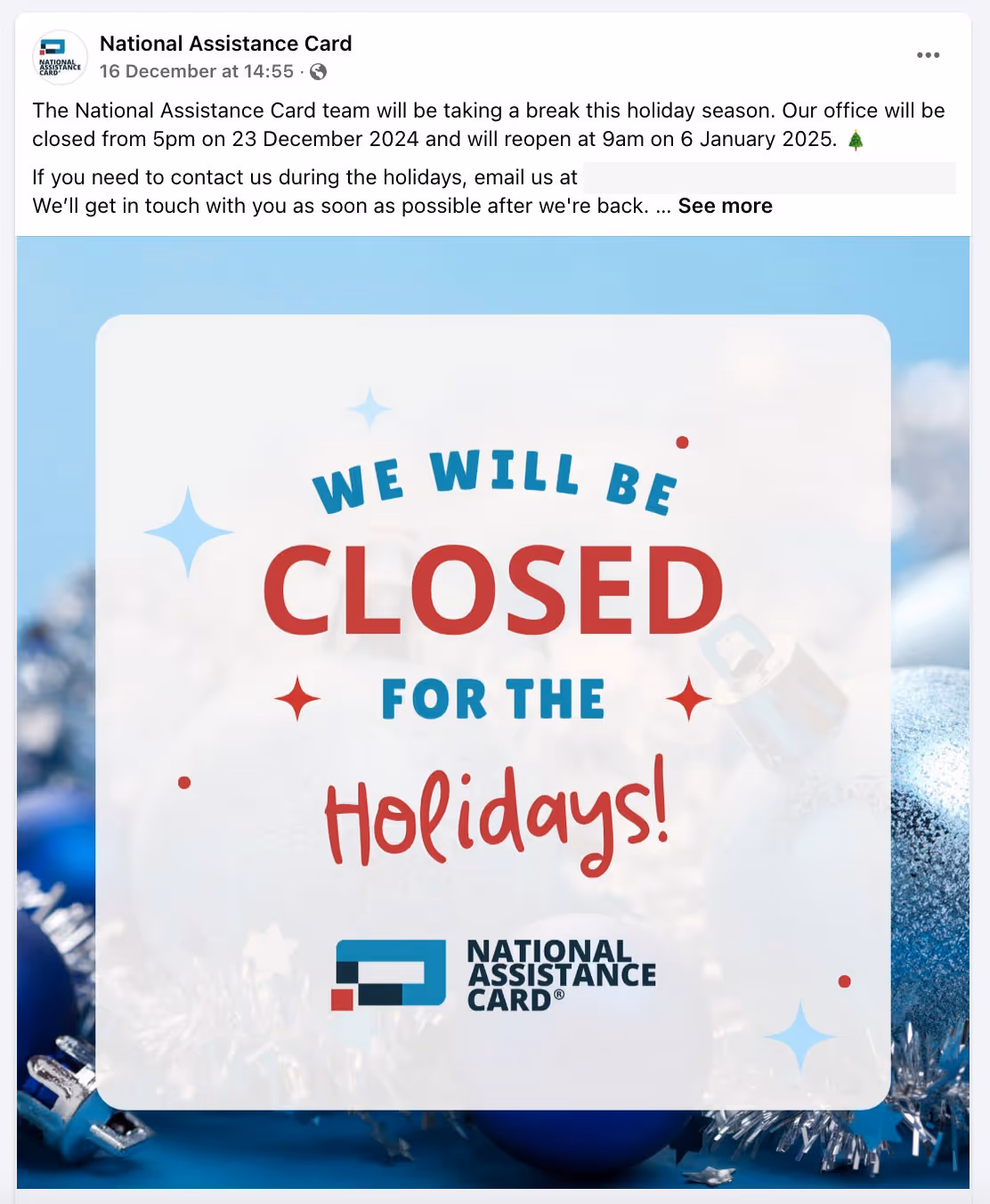 facebook post from national assistance card showing open hours