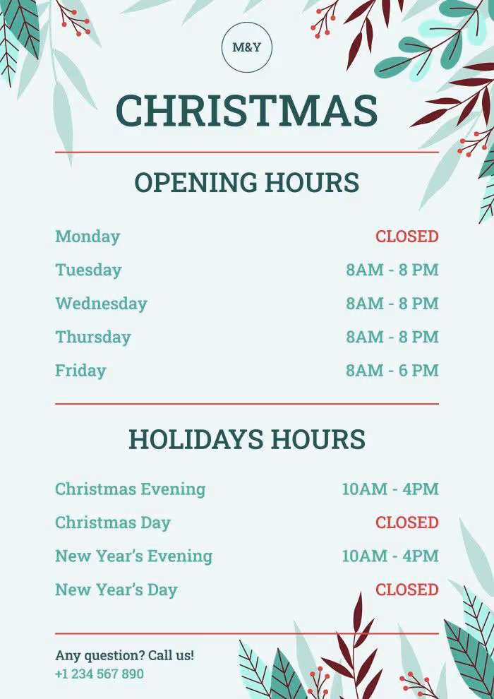 a4 banner showing christmas hours with floral background