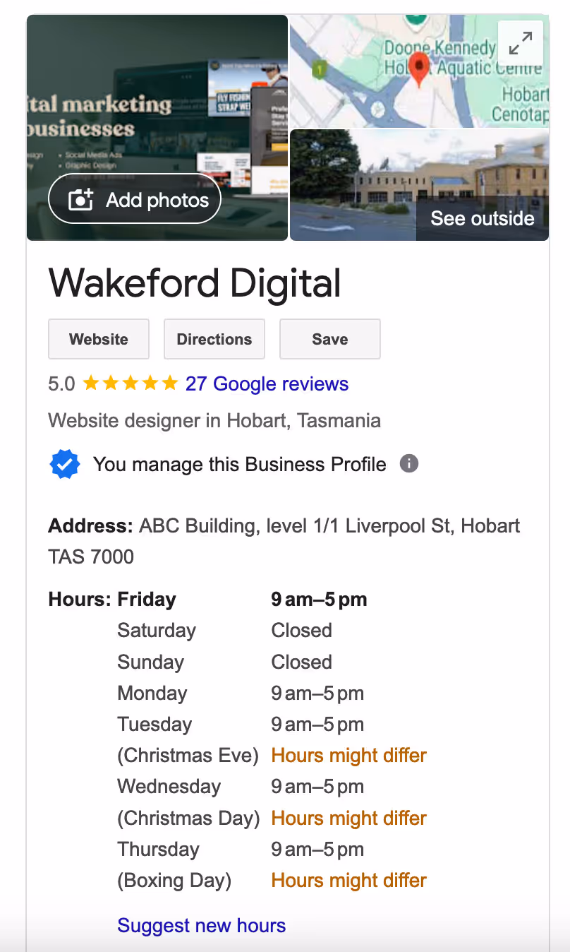 wakeford digital opening hours on google business showing christmas eve and day