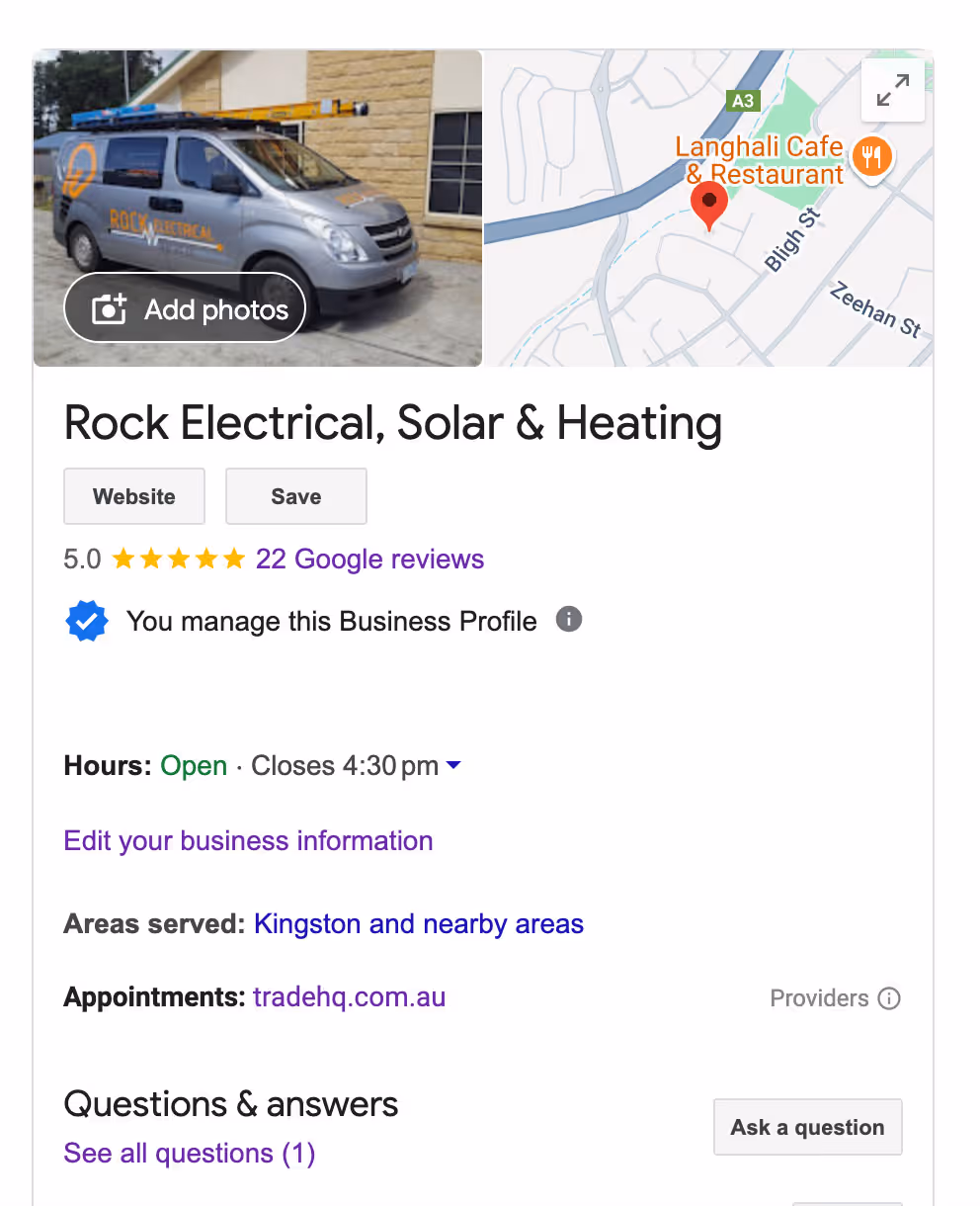 google business profile of rock electrical