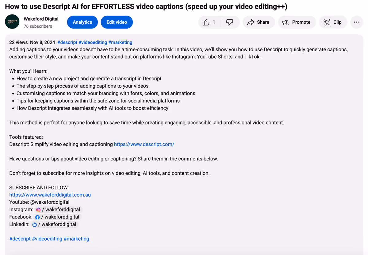 Youtube video description showing full output
