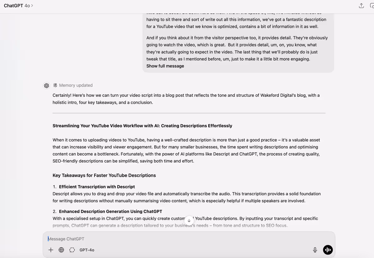 chatgpt window showing prompt and generated youtube description