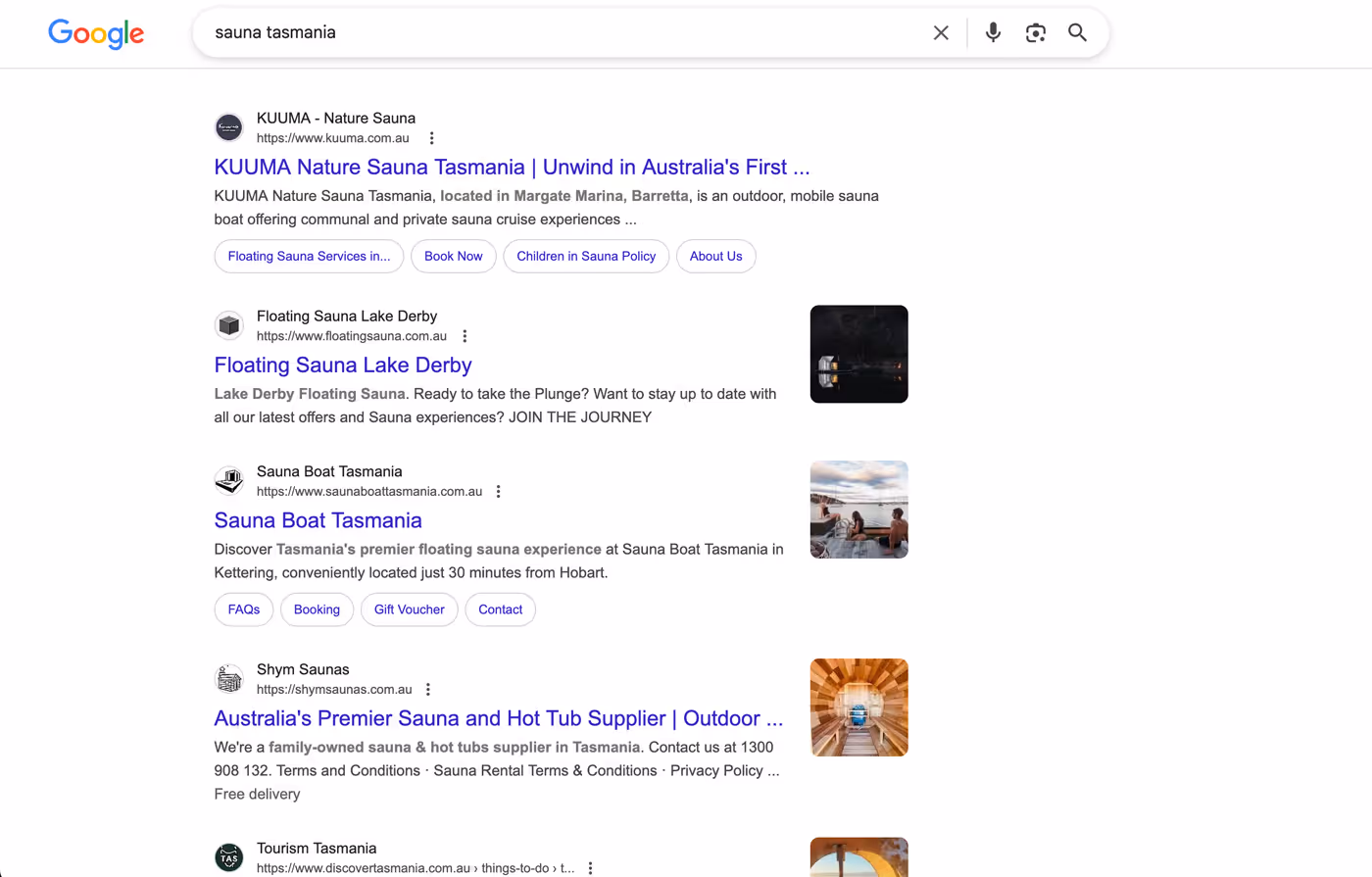 screenshot of google search showing kuuma position 1 for search sauna tasmania