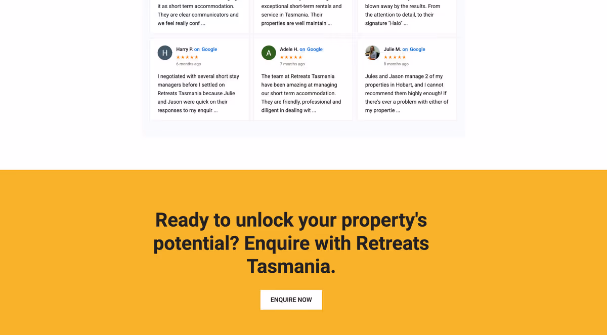 retreats tasmania website showing large call to action area in yellow