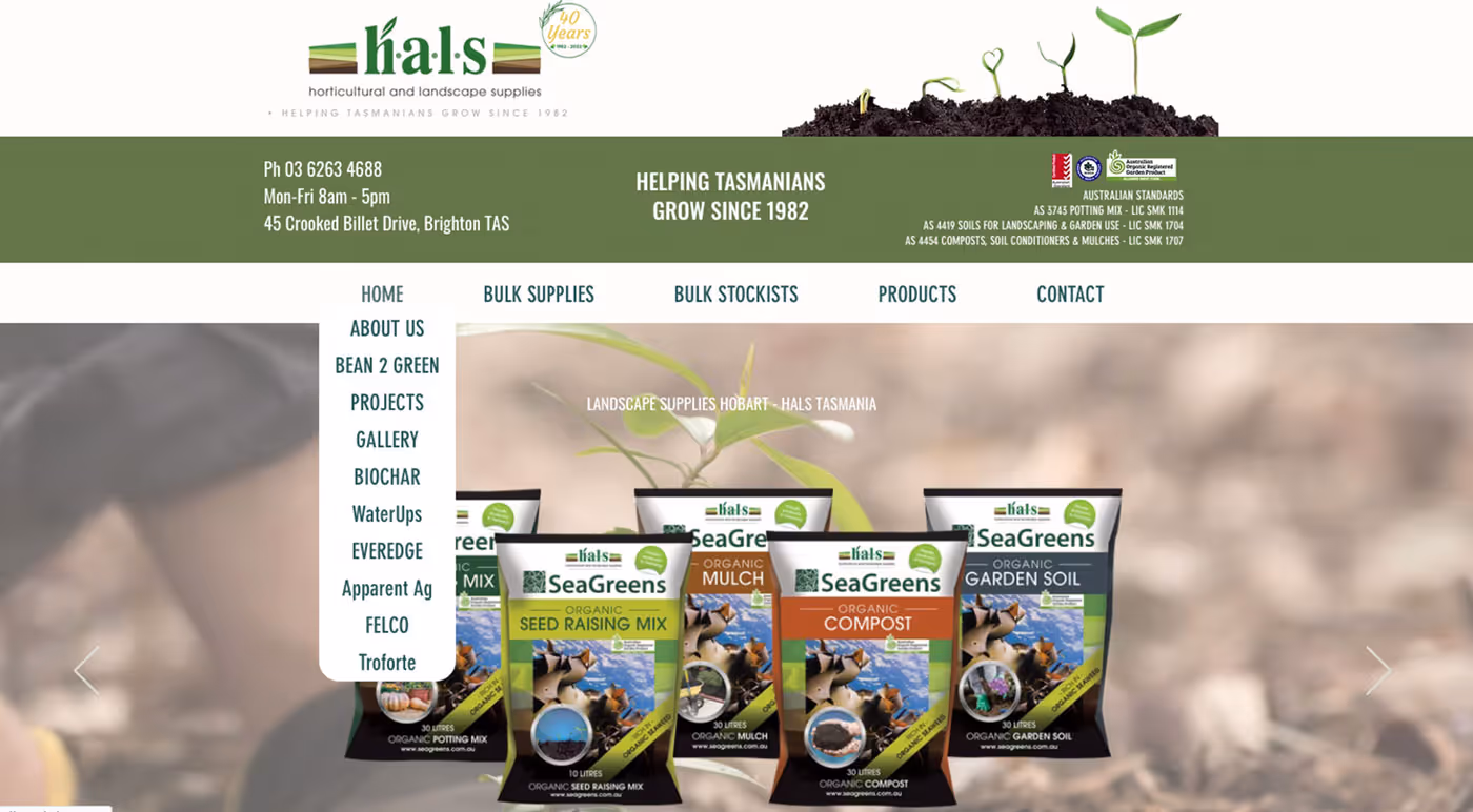HALS landscaping hobart website showing menu all tucked under the home item
