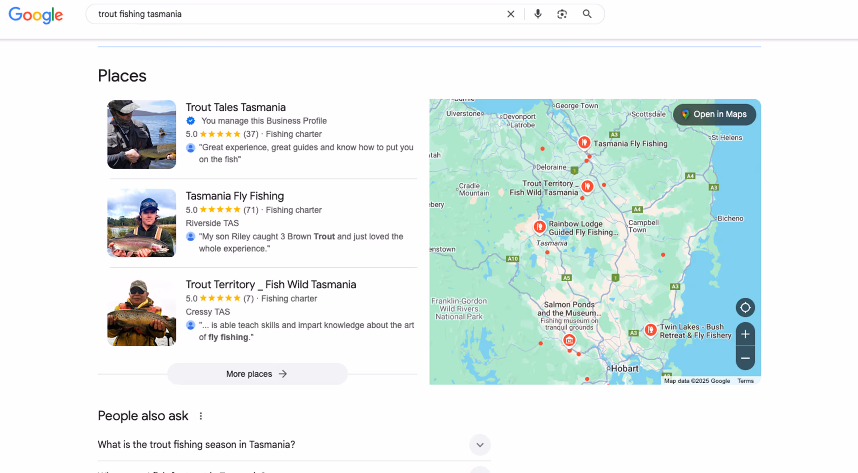 search result for trout fishing tasmania showing trout tales tasmania position 1