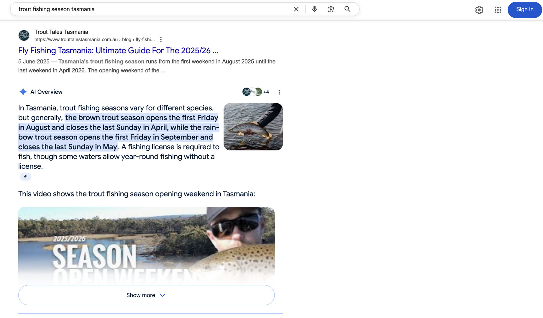 Google search results for trout fishing season Tasmania showing Trout Tales Tasmania as primary source for AI searches