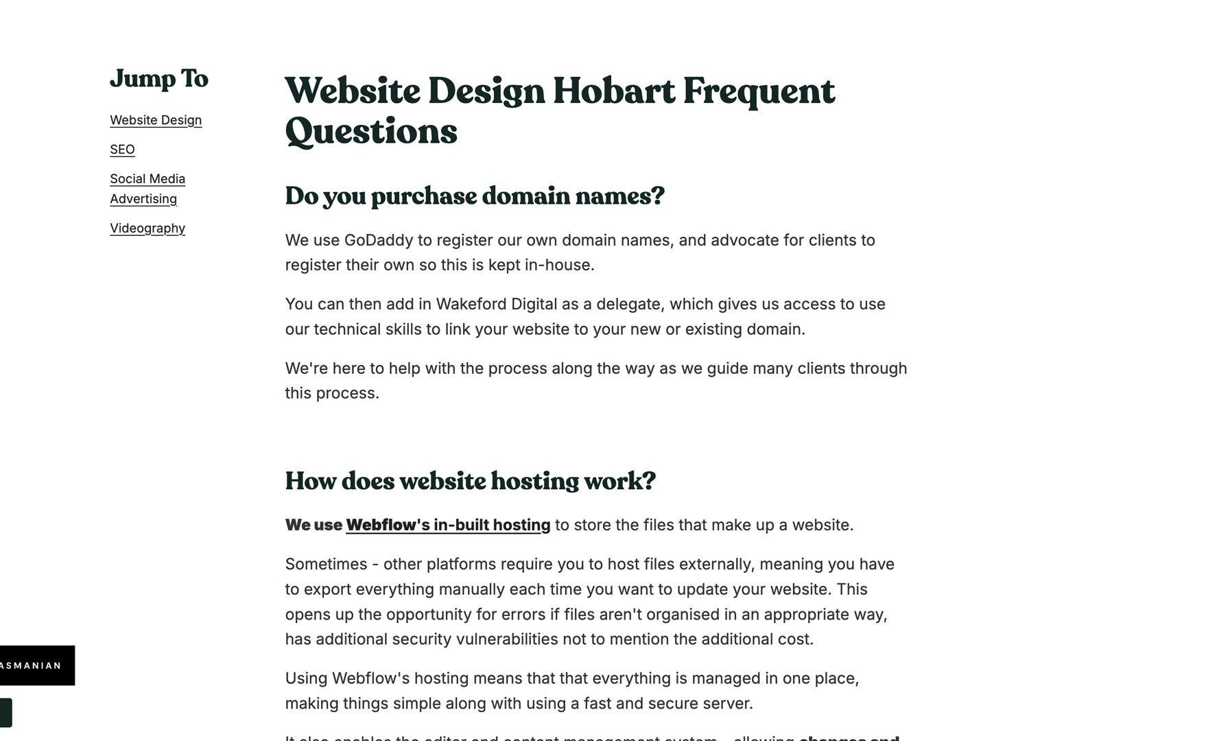 Wakeford Digital FAQ page showing web design Hobart FAQ
