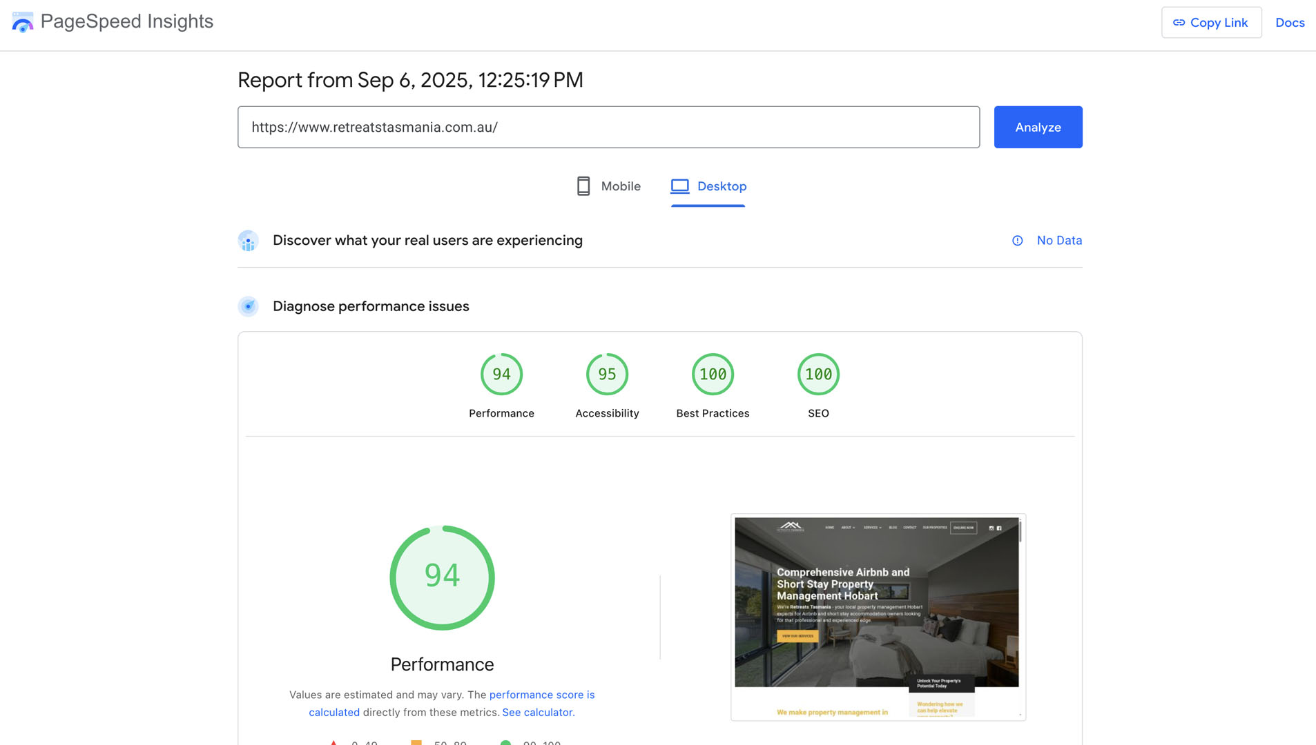 Google page speed insight result for Retreats Tasmania showing circle graphs and overall 94 out of 100 resultsi