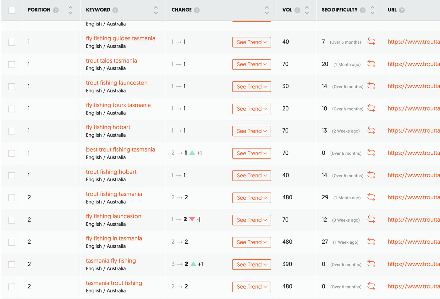 screen showing fly fishing related seo results for trout tales tasmania