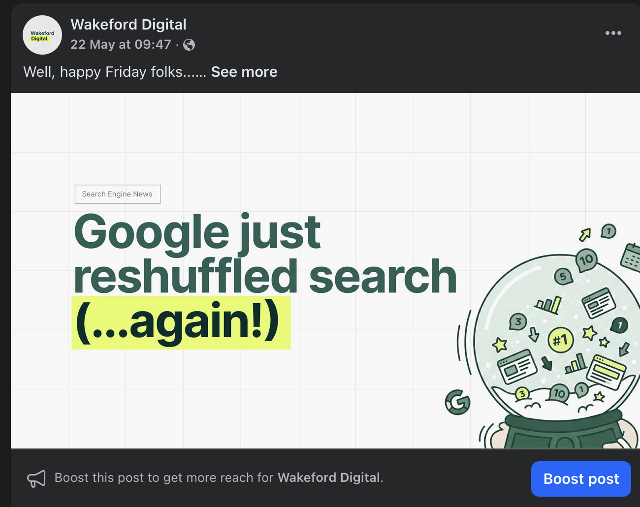 screenshot of wakeford digital facebook post showing boost button