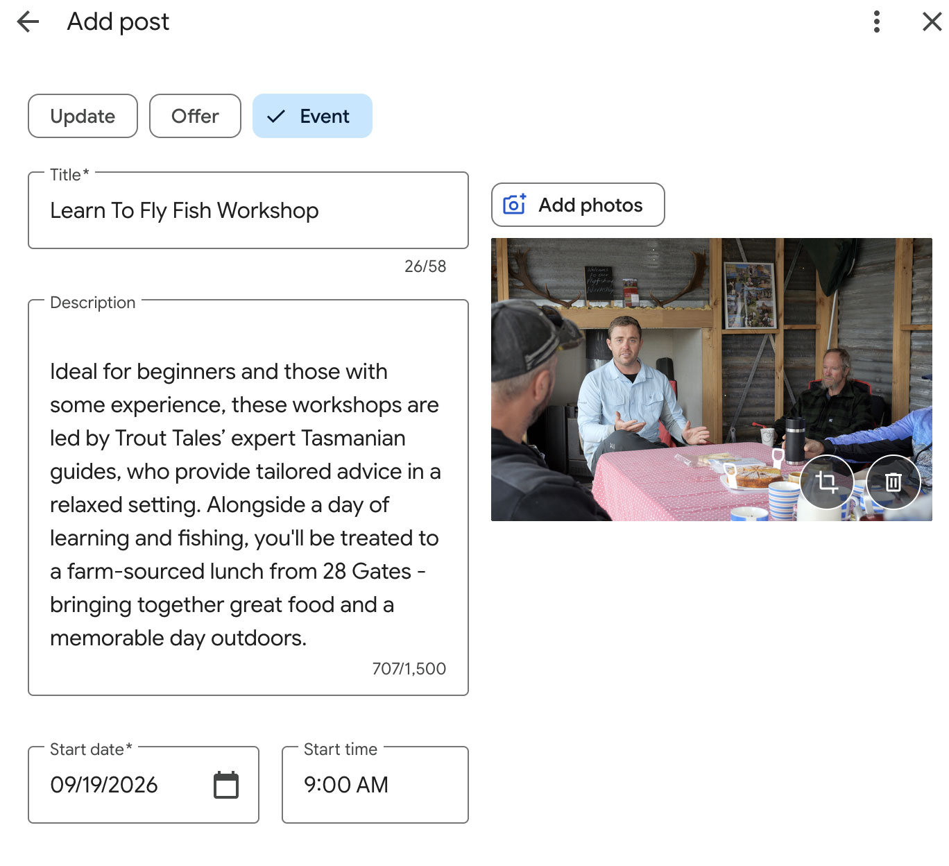 screenshot of adding a google business event of a learn to fly fish workshop